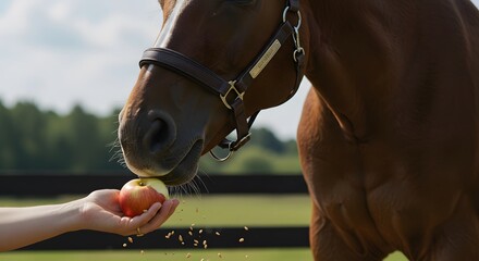 hand feeding a horse barley, apple, and molasses position subject on the left side of the image with a clear copy space on the right for photos. ,hyper realistic digital art