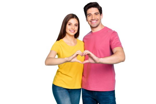 Portrait of his he her she nice attractive lovely charming cute tender cheerful cheery couple hugging showing heart sign isolated over bright vivid shine vibrant green turquoise background