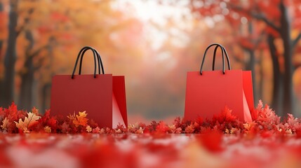 Crimson shopping bags among vibrant fall foliage, a seasonal retail display