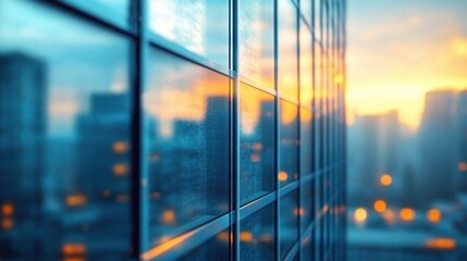 Fototapeta premium Reflective glass facade of a modern building capturing the warm colors of a sunset over an urban skyline with blurred city lights