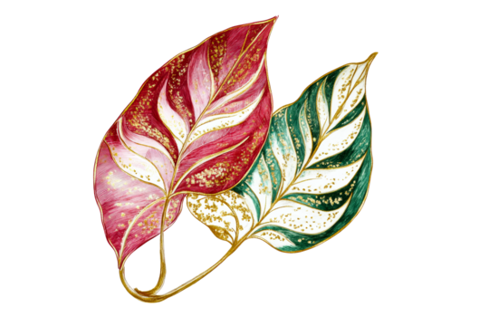 Painted leaf specimen, red and green foliage, gold accents, cut out transparent