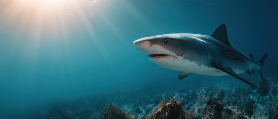 Fototapeta premium Shark swimming gracefully in ocean depths underwater nature