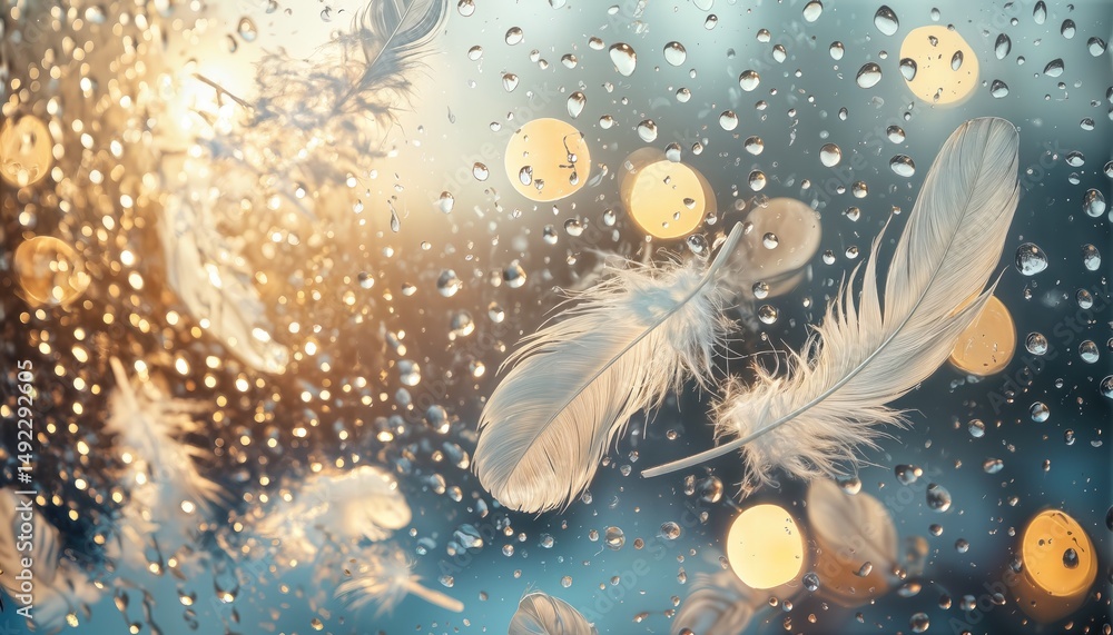 Poster delicate white feathers float amidst a blurred bokeh of golden lights and raindrops on a wet surface