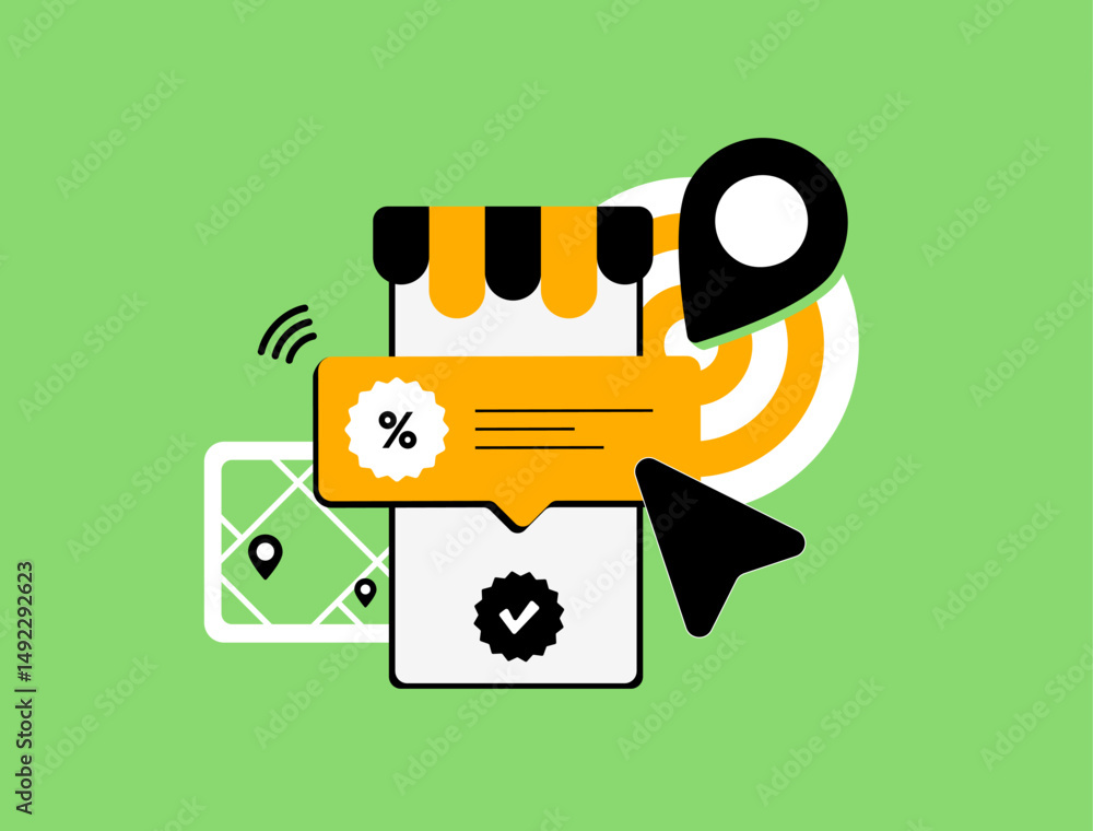 Poster geo push notifications concept with mobile device alert, location-based notifications, geolocation m