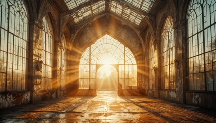 Fototapeta premium sunlight streams through the arched windows of a decaying greenhouse, illuminating a weathered wooden floor and creating a dramatic, ethereal atmosphere.