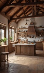 Fototapeta premium Rustic farmhouse kitchen with wooden accents and exposed beams, comfortable, decor
