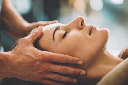 In a spa salon, a woman undergoes a buccal facial massage procedure, with the cosmetologist's actions shown in close-up on a massage table