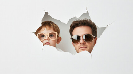 Minimal white background with sunglasses reflecting paper-cut scenes of a father and child playing together, symbolizing joyful family moments, fatherhood, memory, and appreciation through a creative