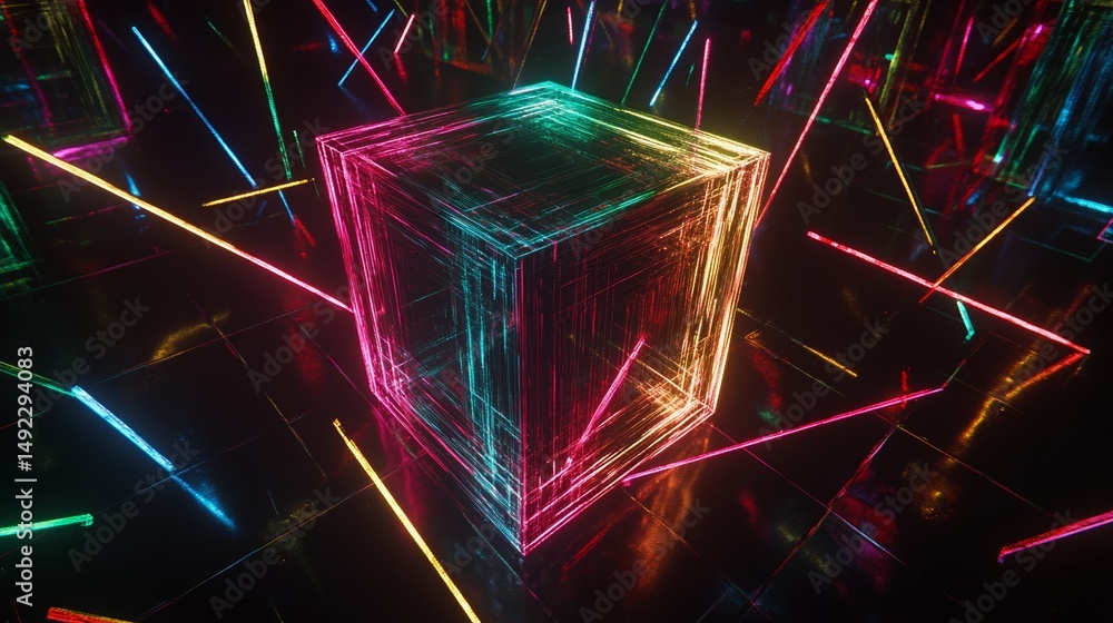 Poster on a white isolated background, an isometric nft cube is presented, embodying the idea of nft conten