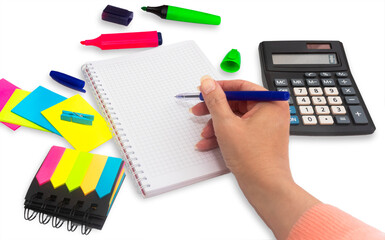 Flat lay with colorful school stationery, checkered book on white background, top view