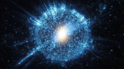 Glowing spherical digital structure with bright core emitting radiant light beams in space filled with small star-like particles