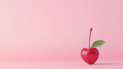 Obraz premium Single stylized red cherry with stem and green leaf stands against a light pink background, casting a soft shadow on the surface