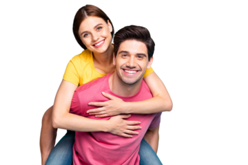 Portrait of his he her she nice attractive lovely careful cheerful cheery couple guy piggy-backing girl isolated over bright vivid shine vibrant green turquoise background