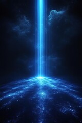 Brilliant vertical beam of blue light shining down onto a glowing, textured surface surrounded by dark cosmic clouds, evoking a sense of mystery and awe