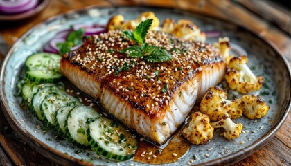 a beautifully plated dish features seared salmon with sesame seeds alongside roasted cauliflower and cucumber ribbons in a vibrant and inviting presentation.
