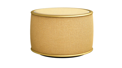 Woven drum shaped stool, gold accents, neutral tones, cut out transparent