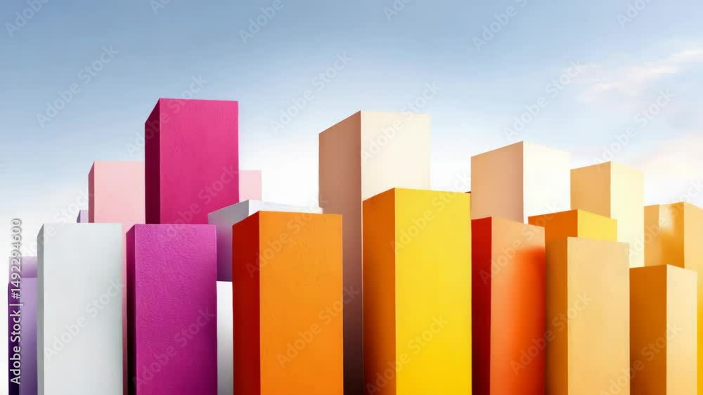 Poster colorful cityscape made up of many different colored cubes. the cubes are arranged in a way that cre