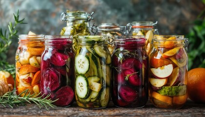 a colorful assortment of homemade pickled vegetables in glass jars sits amongst fresh herbs and produce on a rustic wooden surface.