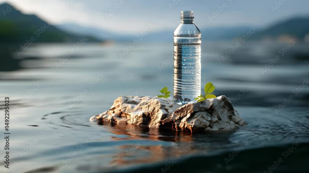 Poster bottle of water is floating on top of a rock in a body of water. concept of isolation and solitude, 