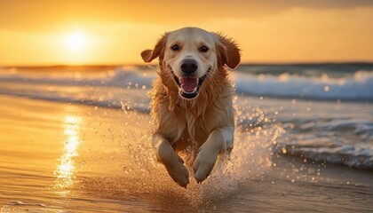 Happy golden retriever running through shallow water on the beach at sunset with splashes and warm golden light
