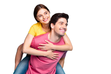 Portrait of his he her she nice attractive charming cute lovely dreamy cheerful cheery couple guy piggy-backing girl enjoying isolated over bright vivid shine vibrant green turquoise background