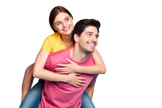 Portrait of his he her she nice attractive charming cute lovely dreamy cheerful cheery couple guy piggy-backing girl enjoying isolated over bright vivid shine vibrant green turquoise background