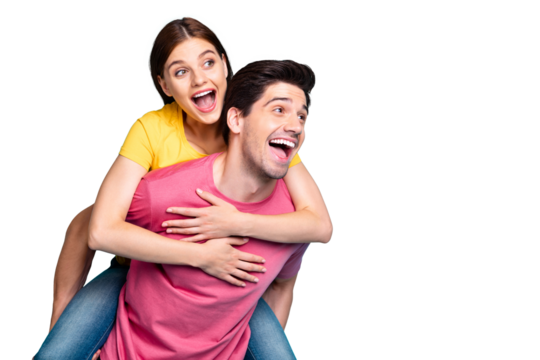 Portrait of his he her she nice attractive lovely excited glad cheerful cheery couple guy piggy-backing girl having fun isolated over bright vivid shine vibrant green turquoise background