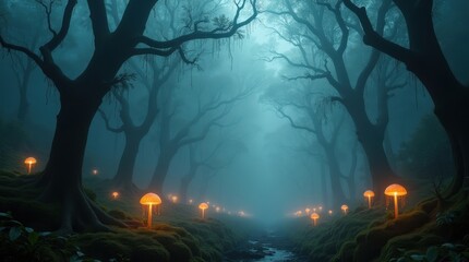 Fototapeta premium Mushroom Forest with Glowing Mushrooms