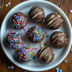 Fototapeta premium Round chocolate truffles on a white plate decorated with colorful sprinkles and drizzled white and dark chocolate creating a festive and indulgent treat