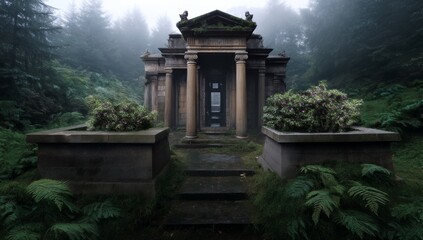 Fototapeta premium Ancient Stone Mausoleum in Foggy Forest