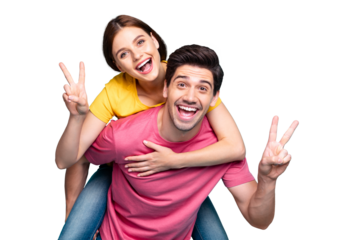 Portrait of his he her she nice attractive charming lovely glad cheerful cheery couple guy carrying girl having fun showing v-sign isolated over bright vivid shine vibrant green turquoise background