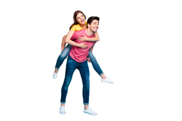Full length body size view of his he her she nice attractive lovely funny cheerful cheery couple guy carrying girl having fun time isolated over bright vivid shine vibrant green turquoise background