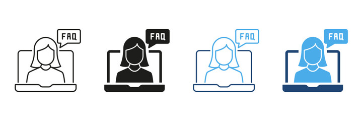 Female Customer Support Faq Icon Set. Online Help, Virtual Assistance, And Information Guidance Outline And Silhouette Symbol Collection. Digital Communication. Isolated Vector Illustration