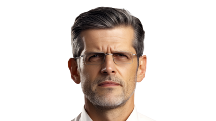 Serious older man wearing glasses, cutout transparent