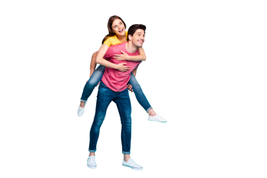 Full length body size view of his he her she nice attractive lovely funny cheerful cheery couple guy carrying girl having fun time isolated over bright vivid shine vibrant green turquoise background