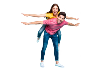 Full length body size view of nice attractive playful funny cheerful cheery couple guy carrying girl having fun like flying isolated over bright vivid shine vibrant green turquoise background