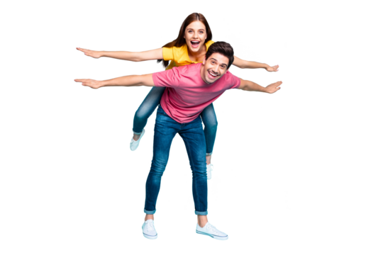 Full length body size view of nice attractive playful funny cheerful cheery couple guy carrying girl having fun like flying isolated over bright vivid shine vibrant green turquoise background