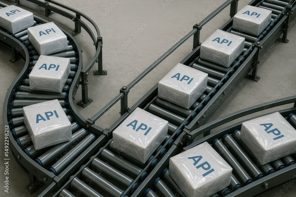 Poster active pharmaceutical ingredient api packages move along conveyor system in industrial setting ensur