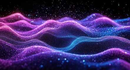 Abstract digital waves with glowing particles in vibrant pink, purple, and blue hues creating a dynamic, futuristic, and mesmerizing visual effect