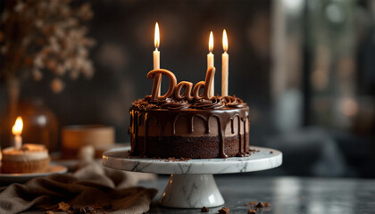 Chocolate cake for father's day with candles against dark background. Cake with dad word. Happy father's day concept. men's cake