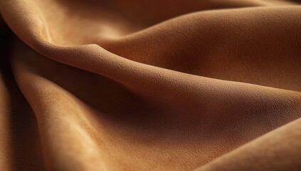 Close-up view of soft brown suede fabric with gentle folds creating smooth textured waves and warm earthy tones