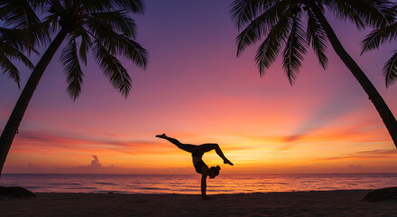Beach yoga sunset serenity find your balance peace tranquility vibrant colors