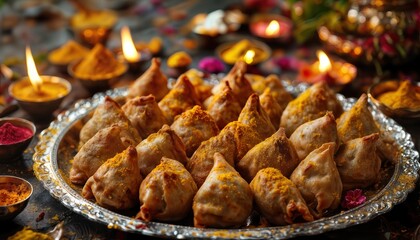 a beautifully arranged silver platter filled with golden-brown samosas surrounded by lit tea lights and colorful flower petals creates a warm and inviting festive scene.