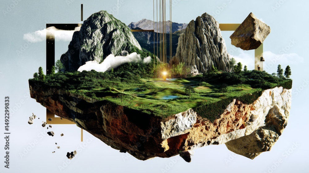 Poster floating islands linked by quantum threads in neural light