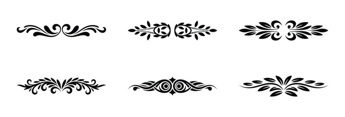 Six elegant black floral swirl design elements