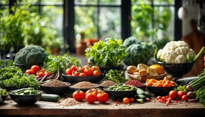 a vibrant display of fresh, colorful vegetables and spices arranged on a rustic wooden table in a bright, plant-filled kitchen.