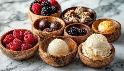 a still life of various dessert components including berries, chocolates, nuts, and ice cream served in small wooden bowls on a marble surface.