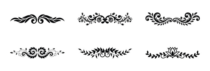 Six elegant black floral swirls design elements