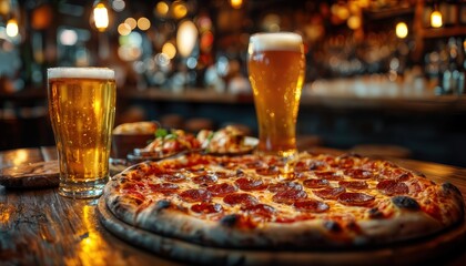 a vibrant overhead shot captures a pepperoni pizza and two glasses of golden beer on a warm wooden table in a softly blurred pub setting.