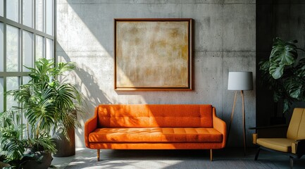 Modern minimalist living room with orange sofa and abstract art. Sunlight streams in through large windows